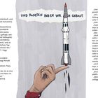 "Dreizehntes Bild: Die Munitionsfabrik" steht oben. Rechts eine Hand, die eine Rakete balanciert. Text beschrieben Szenen um Munitionsfabrik.