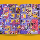 Bunte Illustration mit abstrakten Formen, Figuren und Alltagsgegenständen in Lila, Gelb und Rot.