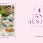 Picknick mit Jane Austen: Rezepte & Zitate. Links Picknick-Szene mit Waffeln, Blumen und einem Korb auf einer Decke im Freien.