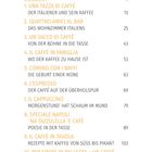 Inhalt mit Kapiteln wie "UNA TAZZA DI CAFFÈ" und "IL CAPPUCCINO", nummeriert und seitlich mit Seitenzahlen.