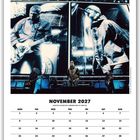 Kalendertext: November 2027, wichtige Daten wie Guy Fawkes Night. Illustration einer Band mit zwei großen Bildschirmen.