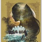 Text: November. Kalendergrafik mit Landschaft, Reiter überqueren Fluss, silhouettierter Kopf mit Wasserfall und Bäumen.