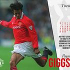 Tuesday 1 June. Kalender und Text über Ryan Giggs' erstes Ligaspiel 1990/91. Links ein Fußballspieler im roten Trikot. Logo von Manchester United.