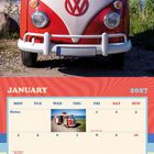 Kalendarblatt für Januar 2027 mit einem VW-Bus im oberen Bild. Enthält Notizen und Feiertage.