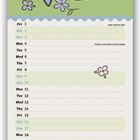 Kalenderblatt mit "Eeyore" und "January" in verspielter Schrift. Illustration von I-Aah mit Blumen auf grünem Hintergrund.