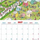 Kalender mit August 2027. Illustrationen von Campingplatz und Menschen. Text: "CAN YOU FIND...?"