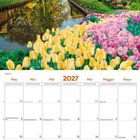 Kalender für Mai 2027 mit Feiertagen. Foto von Giethoorn: Wasserkanal, grüne Landschaft, Blumen und reetgedeckte Häuser.