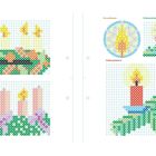 Text: "Eine bunte Weihnachtswelt aus Bügelperlen. Für Kinder ab 5 Jahren."  
Illustrationen von Bügelperlen: Geschenk, Nussknacker, Adventskranz.