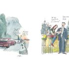 Links: Ein Paar steht nahe einem Auto, unterhält sich über Entfernung und Mauern. Rechts: Zwei Personen in einer Bar fragen nach einem Ehering. Illustration.