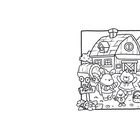 "BB Farm"-Schild, Tiere mit Werkzeugen vor einer Scheune, Heuwagen; verspielte, cartoonhafte Illustration.