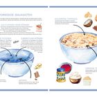 "PORRIDGE-BAUKASTEN" mit Anleitungen zur Zubereitung von Flocken und Körnern, knusprigen und cremigen Toppings. Illustrationen zeigen eine Schüssel und Zutaten wie Nüsse und Gewürze.