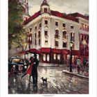 Kalendertage 1-31. Ein Paar tanzt unter einem roten Regenschirm vor einem beleuchteten Gebäude. Romantische Szene in einer Stadt.