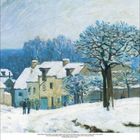 Kalendermonat Januar 2017. Winterliche Landschaftsmalerei mit schneebedeckten Häusern und Bäumen, Menschen im Vordergrund.