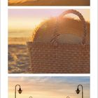 Kalenderseite Januar 2021. Drei Fotos: Sonnenuntergang am Strand, ein Korb mit Strohhut, und ein Steg zum Meer.