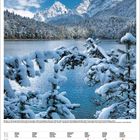 Kalenderseite mit Berglandschaft im Winter, Schnee bedeckt Bäume und See. Text: "Blässhuhn vom Verkenenzer" und Monatsübersicht für Januar.