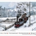 Kalenderblatt mit Tagen 1-31 unten. Dampflok zieht Güterzug durch verschneite Landschaft mit rauchendem Schornstein.