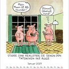 „Mein Mann ist All-rounder!“ „Stimmt! Überall rund!“ Drei Schweine stehen in einem Wohnzimmer. Kalender Januar 2027.