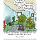 „Oh, euer Fernseher ist geschmolzen!“ „Harald hat gestern seine Mannschaft angefeuert!“ Illustration von zwei Dinosauriern im Wohnzimmer. Darunter: „Äußerlich wirken Skorpione kühl und gelassen – das mag täuschen“ sowie „Januar 2027“.