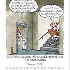 Illustration: Eine Kuh spricht liebevoll zur Waschmaschine, während eine andere Kuh auf der Treppe verwundert fragt. Ein Kalender für Januar 2027 mit dem Text: "SCHÜTZEN NEIGEN ZU SCHWÄRMERISCHER ÜBERTREIBUNG."