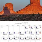 Januar 2027 Kalender mit Wochentagen, Feiertagen und Notizen. Oben Monument Valley bei Vollmond und Sonnenaufgang.