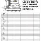 „FAMILIE IST, wenn du genau weißt, wer die Treppe runterkommt, ohne hinsehen zu müssen.“ Januar-Kalenderblatt mit Treppe und Teddybär.