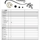 "Der Geist ist willig, der Körper ist chillig." Kalender mit Tagesaufteilung. Illustrationen von Auge, Wellen, Mond und Sternen.