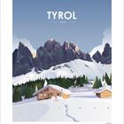 Text: TYROL, AUSTRIA. Eine Illustration zeigt schneebedeckte Berge und zwei Holzhütten in einer Winterlandschaft.