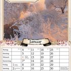 "Schnee auf Bäumen und auf Wiesen lädt ein, den Winter zu genießen." Kalenderblatt Januar mit winterlicher Landschaft.
