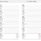 Kalender für Januar 2027, Woche 2-3. Tage auf Deutsch, Französisch, Italienisch, Spanisch, Englisch, mit Linien für Notizen.