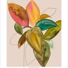 Unter dem Bild: Zahlen von 1 bis 31. Oben bunte Blattformen in Erdtönen, aquarellartige Darstellung.