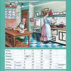 Kalenderblatt Januar, Illustration einer traditionellen Küche mit zwei Frauen. Rezept für Tafelspitz unten.