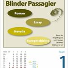 Blinder Passagier. Roman, Essay, Novelle, Kurzgeschichte. Einer der Begriffe passt nicht zu den anderen. Kalender darunter.