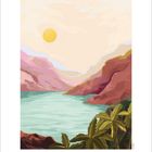 Kalender mit Zahlen von 1 bis 31. Eine Illustration zeigt eine tropische Landschaft mit Palmen, Bergen und einem See.