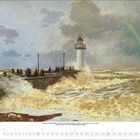 Kalenderblatt Januar 2023. Ein Leuchtturm auf einem Pier, umgeben von stürmischen Wellen. Menschen spazieren dort.