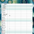 Kalender Januar 2027. Kunstvolle Illustration mit Blau- und Grüntönen, Kreismuster und Blättern, der Text „JANUAR“.