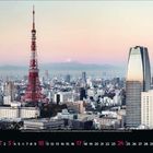 Kalender für Januar mit roten Sonntagen. Stadtansicht von Tokio mit dem Tokyo Tower und Mount Fuji im Hintergrund.