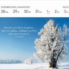 "Monde und Jahre vergehen, aber ein schöner Moment leuchtet das Leben hindurch." – Schneebedeckte Bäume vor blauem Himmel.