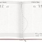 Offener Kalender mit den Daten Montag, 11. Januar und Dienstag, 12. Januar, samt Uhrzeiten und einer kleinen Monatsübersicht.