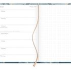 Öffener Kalender: Links Wochentage mit Datum, Donnerstag markiert. Rechts leere, gepunktete Seite. Elegantes Lesezeichen in der Mitte.