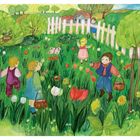 Illustration: Kinder sammeln Ostereier auf einer Wiese, umgeben von Blumen, Bäumen und Tieren wie Hasen und Vögeln.