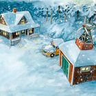 Winterliche Illustration: Ein verschneites Haus, ein Fahrzeug, Bäume im Hintergrund und ein Schuppen mit Windrad.