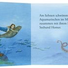 Am liebsten schwimmt Aquamarinchen im Meer mit ihrem Freund, dem Seehund Homer. Illustration: Meerjungfrau reitet auf Seehund.