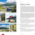 Étape 9: St-Moritz – Andeer. Texte über Tourismus, Landschaft und Aktivitäten. Bilder: Seilbahn, See, Kapelle, Radfahrer.