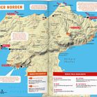 Landkarte von Korfu mit markierten Orten, beispielsweise "Kap Drástis", "Afiónas", "Kassiópi". Texte erläutern Sehenswürdigkeiten.