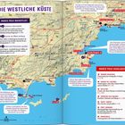 "Die westliche Küste" Karte mit Marco Polo Tipps: Schnorcheln, Küstenpfade, Promis sehen. Orte: Toulon, Hyères, Saint-Tropez.