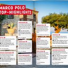 MARCO POLO TOP-HIGHLIGHTS. Links: Olivenbaum vor Steinwand, Top-Reiseziele und Tipps in Textfeldern. Rechts: Meerblick.