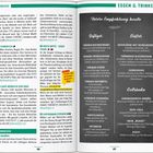Linke Seite: Texte über Imbisse, Samocca, Café Wunsch Dir Was, Fritz Mitte, Suppenbar Estragon. Erwähnt Objekte, Adressen, Reservierungen.

Rechte Seite: Überschrift "Essen & Trinken" mit Empfehlungen. Deftig: "Thüringer Rostbratwurst", "Weimarer Zwiebelkuchen". Süßes: "Hefeklöße mit Heidelbeeren", "Eierschecke". Getränke wie "Ehringsdorfer Urbräu".
