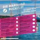 Text auf pinkem Hintergrund beschreibt 10 Aktivitäten in Zürich, z.B. "Alles von oben herab" und "Löffelweise Schokolade kosten".