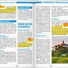 Seite über Ammersee und Starnberger Fünfseenland. Tipps zu Aktivitäten, Sehenswürdigkeiten und Insider-Tipps, z.B. "Fast wie am Canal Grande". Farbig markierte Abschnitte heben wichtige Infos hervor. 

Foto: Kloster Andechs umgeben von Bäumen. Text: "Steht über allem, geliebt von allen: Kloster Andechs ist Pflichtprogramm".