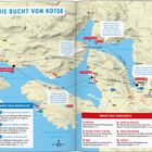 "Die Bucht von Kotor", eine detaillierte Karte mit Highlights und Empfehlungen in Montenegro, inklusive Bootsrouten und Tipps.